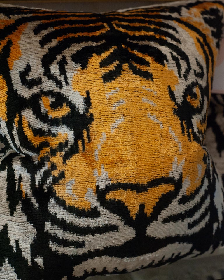 CONTEMPORARY BLACK, ORANGE AND SILVER SILK VELVET PILLOW WITH TIGER MOTIF