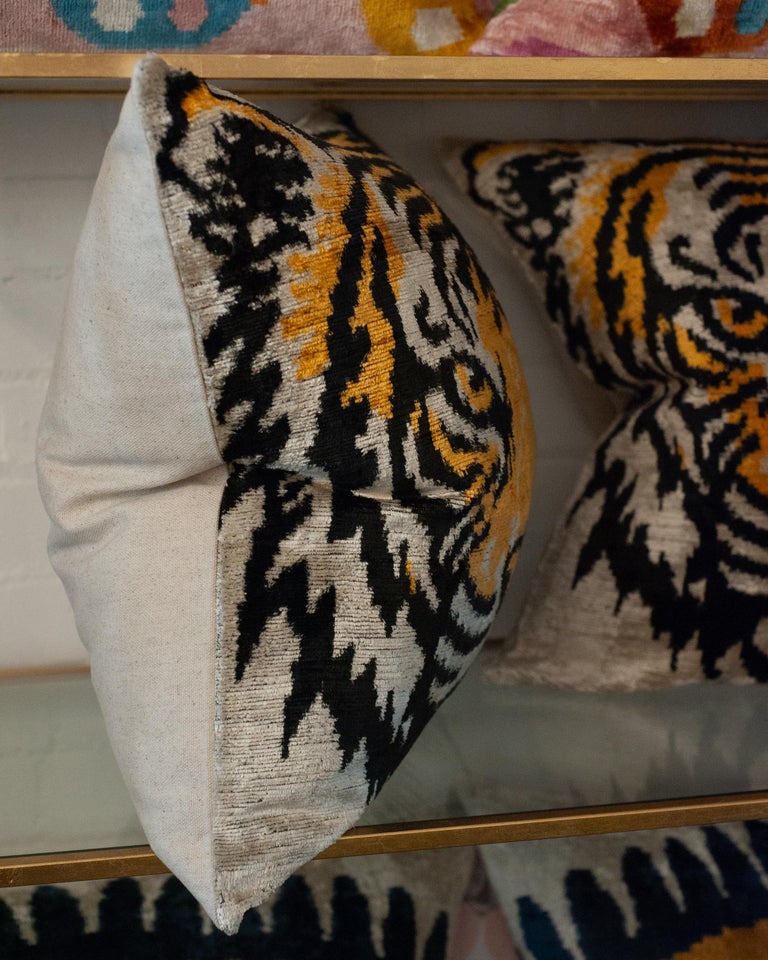 CONTEMPORARY BLACK, ORANGE AND SILVER SILK VELVET PILLOW WITH TIGER MOTIF
