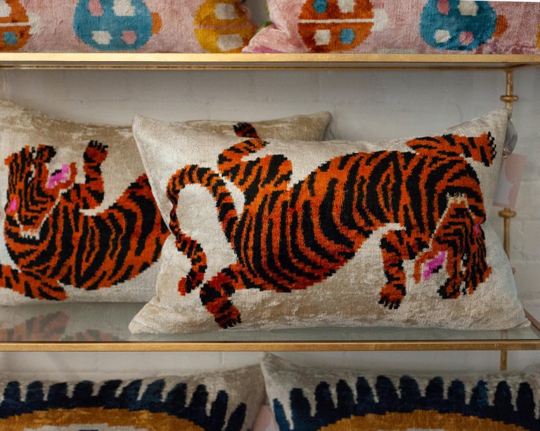 CONTEMPORARY BLACK, ORANGE AND SILVER SILK VELVET PILLOW WITH TIGER MOTIF