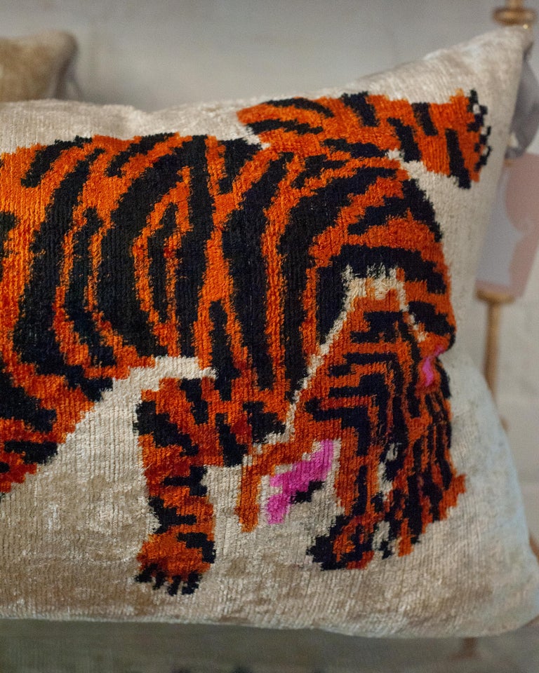 CONTEMPORARY BLACK, ORANGE AND SILVER SILK VELVET PILLOW WITH TIGER MOTIF
