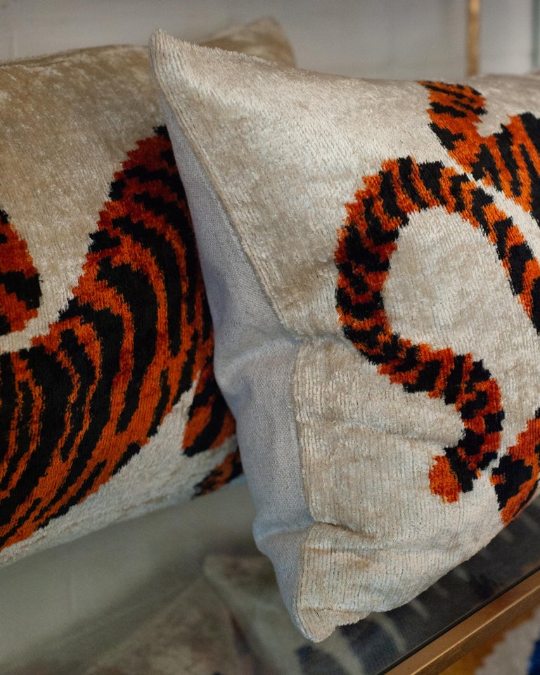 CONTEMPORARY BLACK, ORANGE AND SILVER SILK VELVET PILLOW WITH TIGER MOTIF