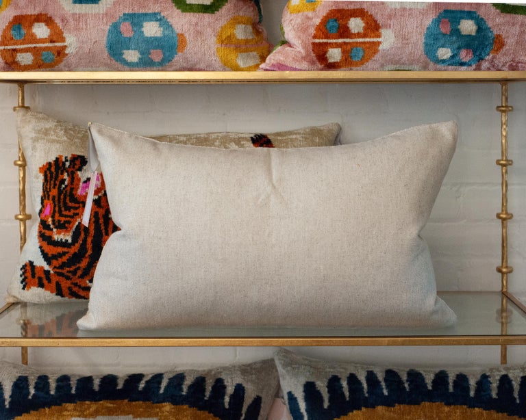 CONTEMPORARY BLACK, ORANGE AND SILVER SILK VELVET PILLOW WITH TIGER MOTIF