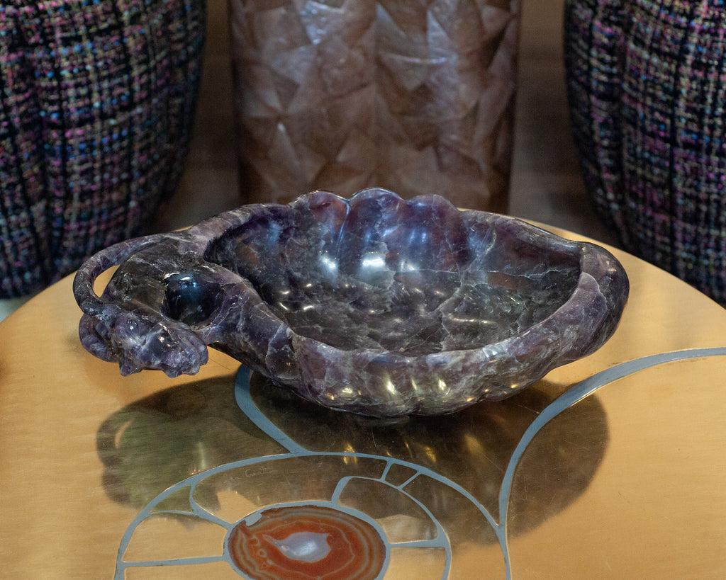 CONTEMPORARY GRAND SCALE CARVED PURPLE AMETHYST BOWL WITH RAM'S HEAD