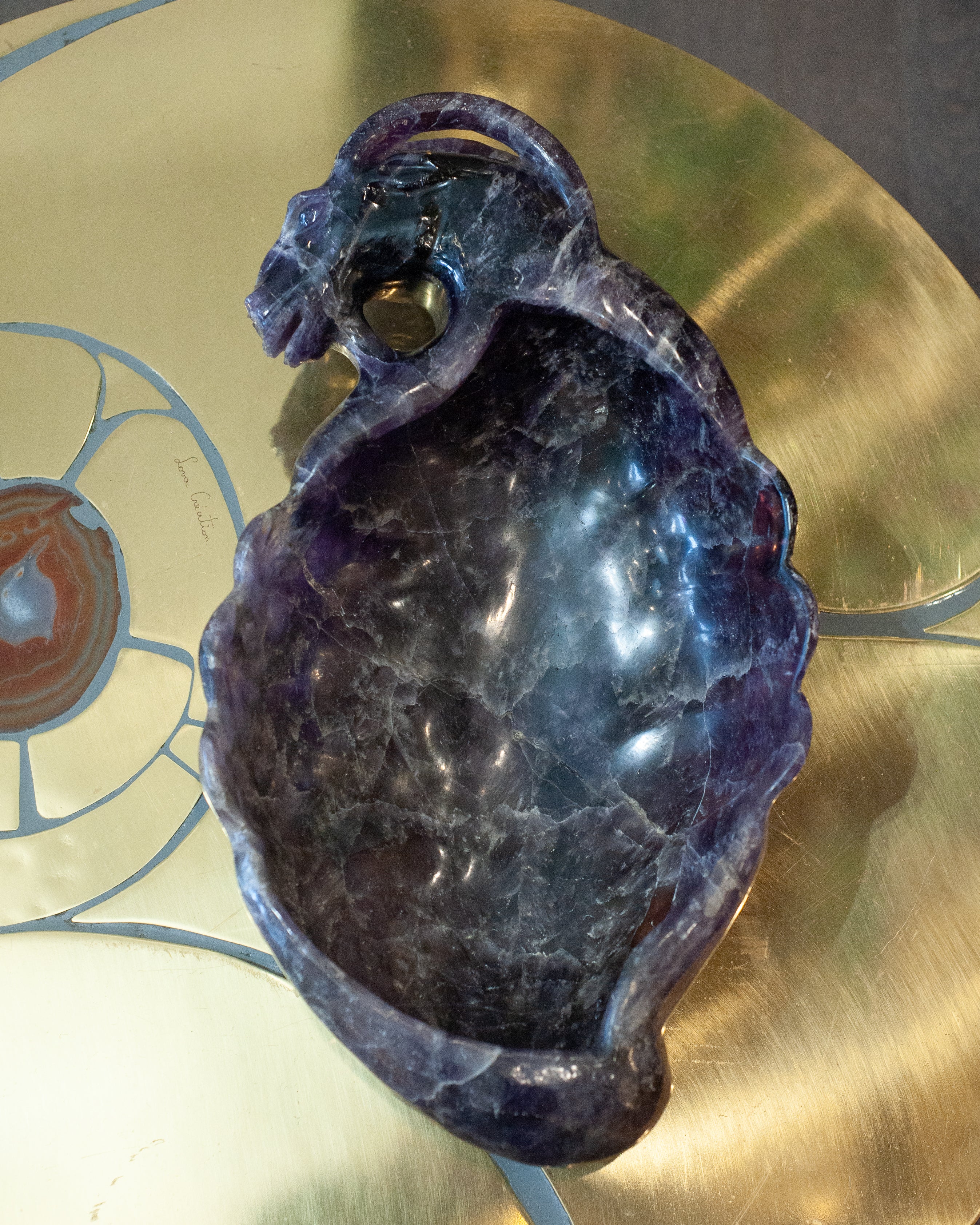 CONTEMPORARY GRAND SCALE CARVED PURPLE AMETHYST BOWL WITH RAM'S HEAD