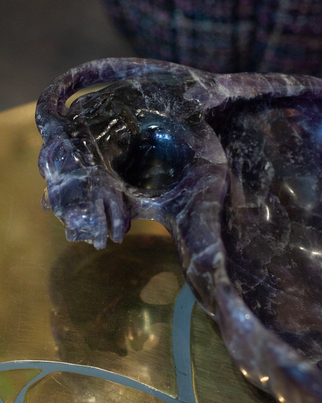 CONTEMPORARY GRAND SCALE CARVED PURPLE AMETHYST BOWL WITH RAM'S HEAD