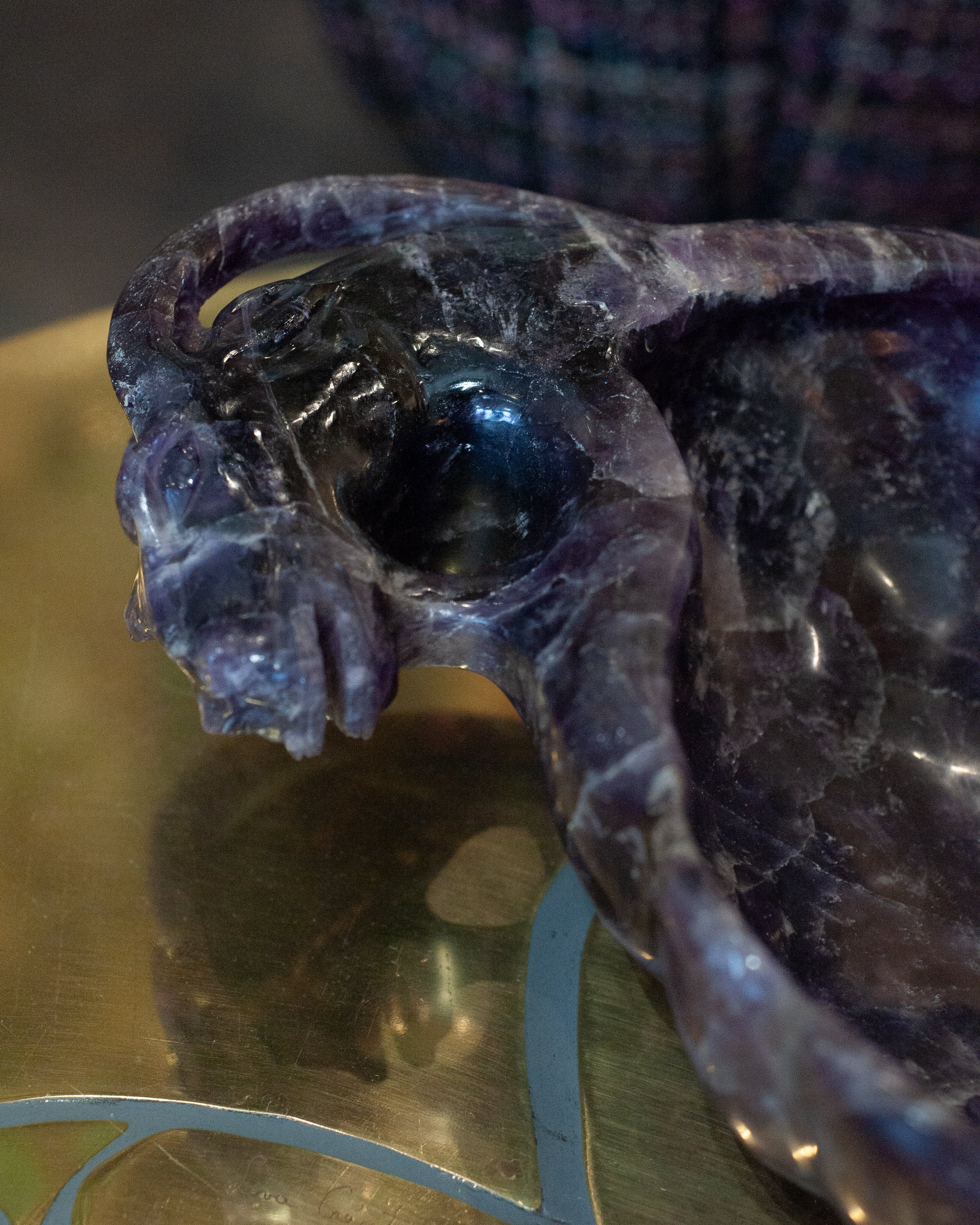 CONTEMPORARY GRAND SCALE CARVED PURPLE AMETHYST BOWL WITH RAM'S HEAD