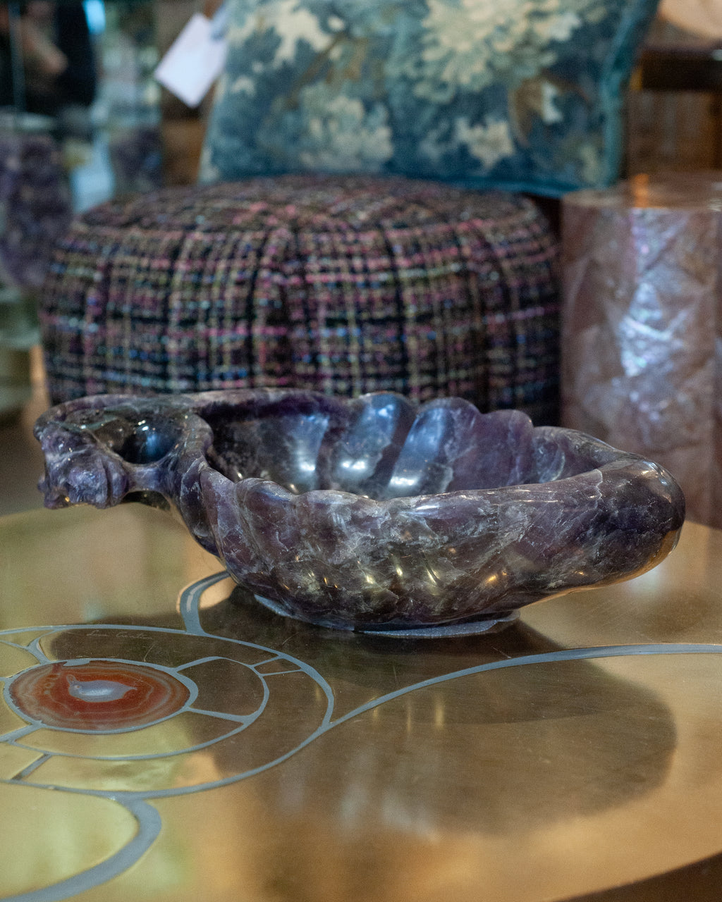 CONTEMPORARY GRAND SCALE CARVED PURPLE AMETHYST BOWL WITH RAM'S HEAD