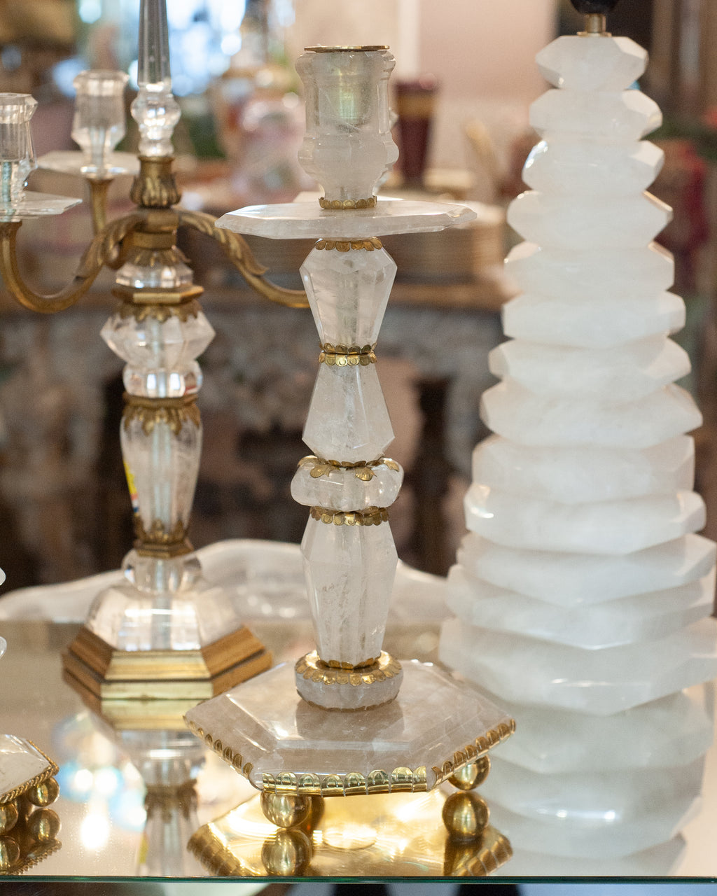 CONTEMPORARY PAIR OF GRAND SCALE ROCK CRYSTAL QUARTZ CANDLESTICKS