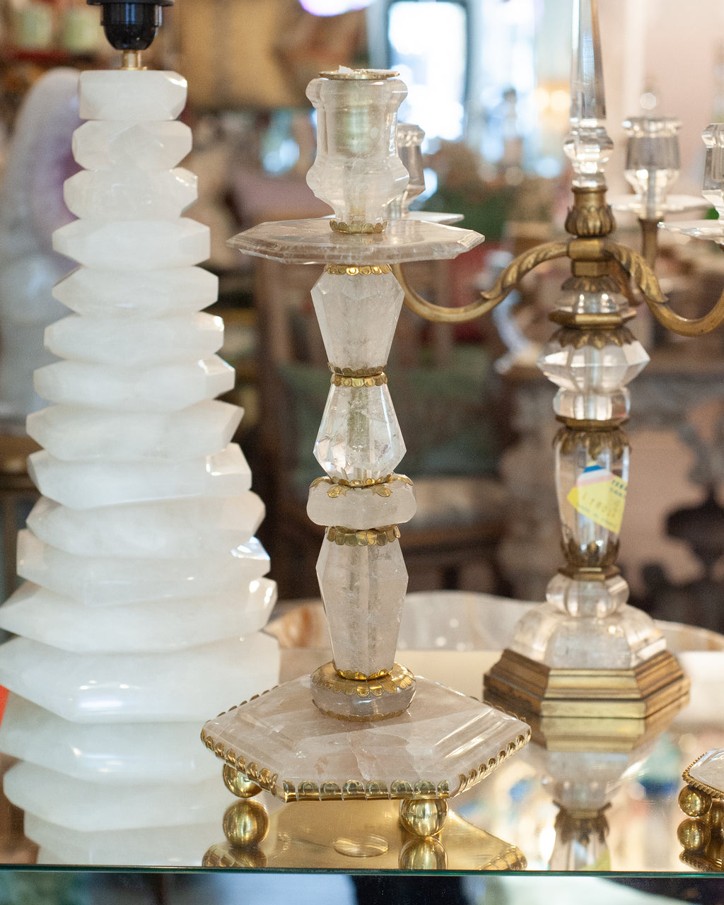 CONTEMPORARY PAIR OF GRAND SCALE ROCK CRYSTAL QUARTZ CANDLESTICKS