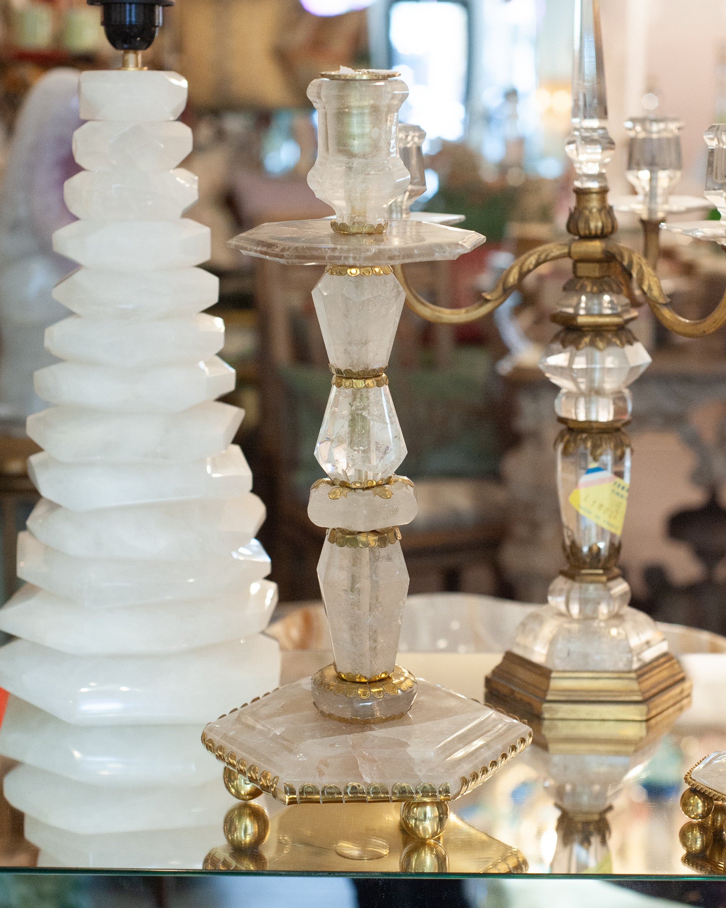 CONTEMPORARY PAIR OF GRAND SCALE ROCK CRYSTAL QUARTZ CANDLESTICKS