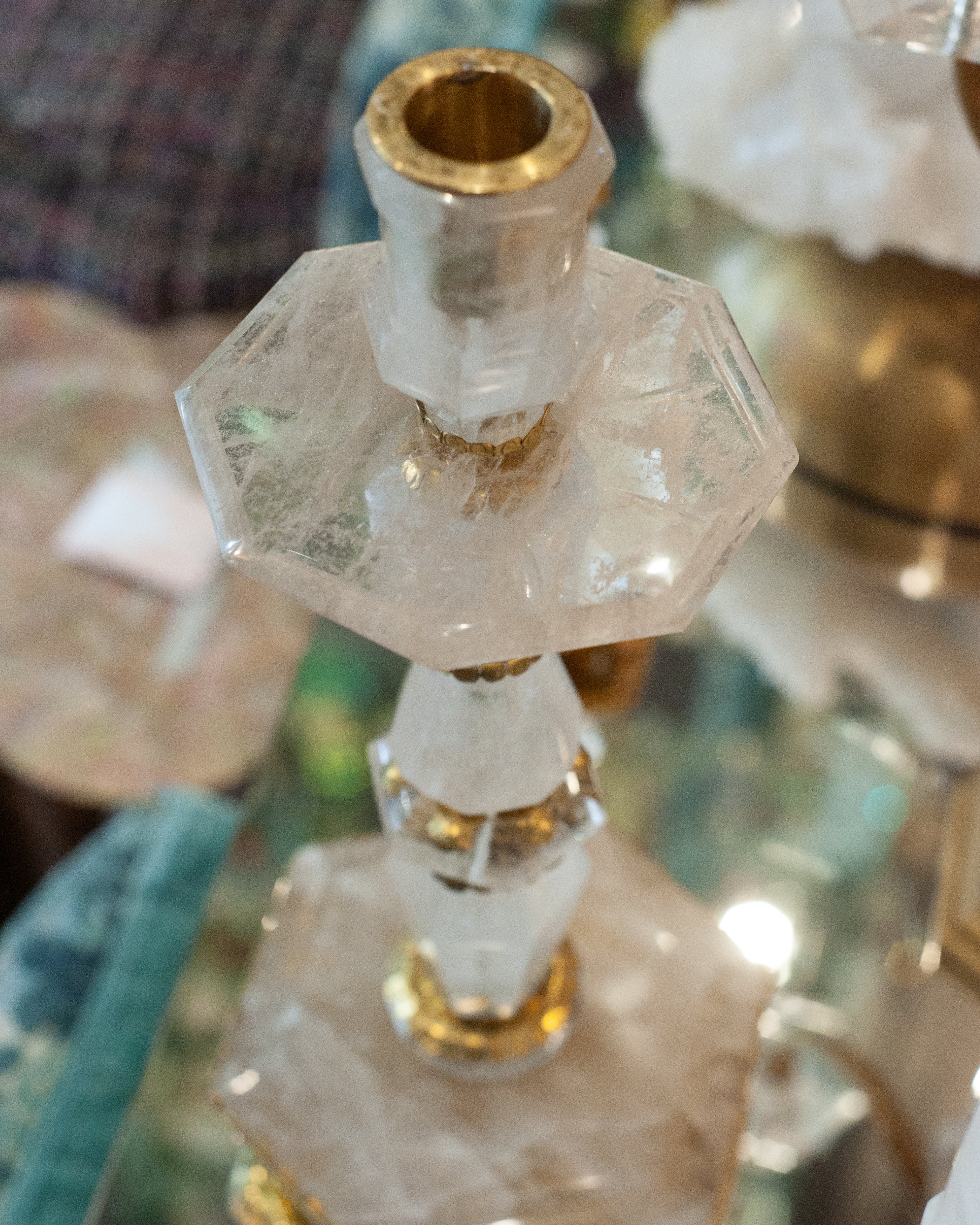 CONTEMPORARY PAIR OF GRAND SCALE ROCK CRYSTAL QUARTZ CANDLESTICKS