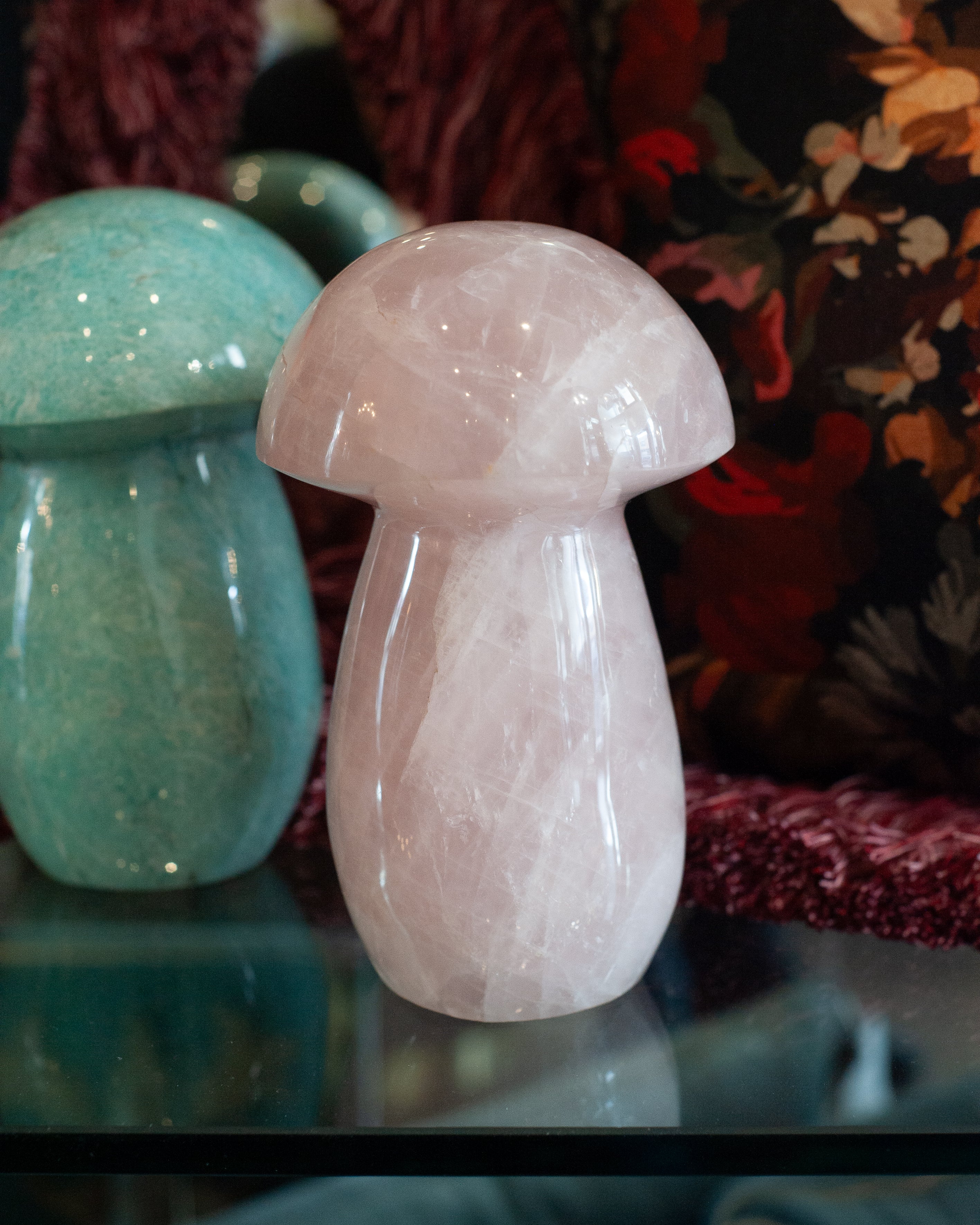 CONTEMPORARY LARGE HAND CARVED ROSE QUARTZ MUSHROOM SCULPTURE