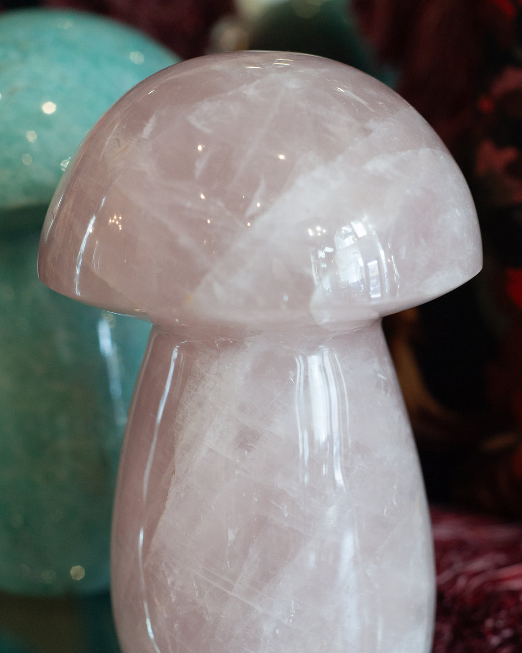 CONTEMPORARY LARGE HAND CARVED ROSE QUARTZ MUSHROOM SCULPTURE