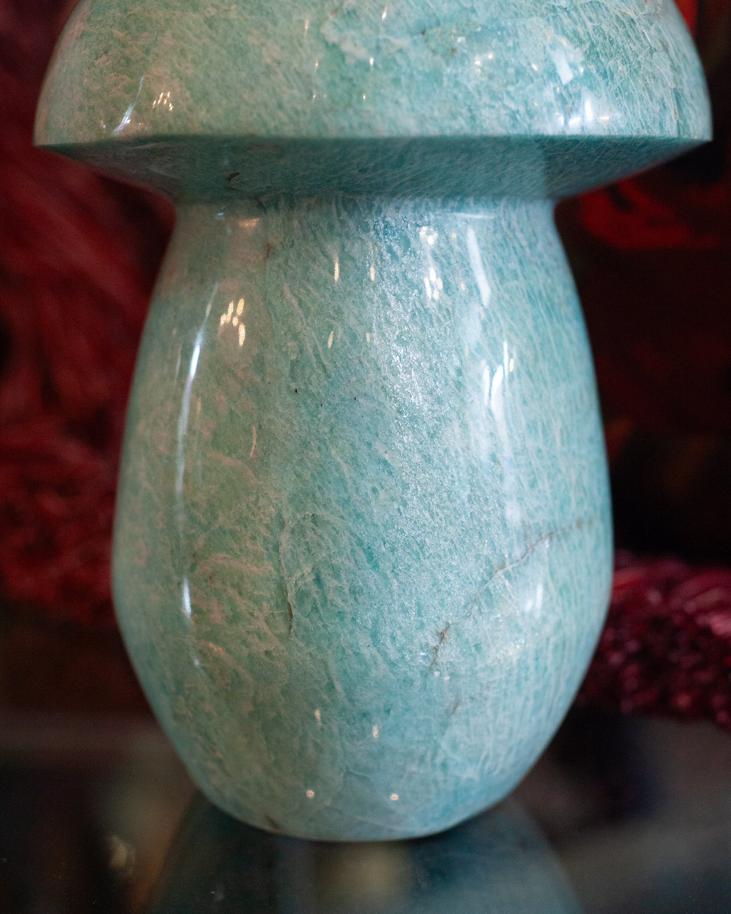 CONTEMPORARY LARGE HAND CARVED AMAZONITE MUSHROOM SCULPTURE