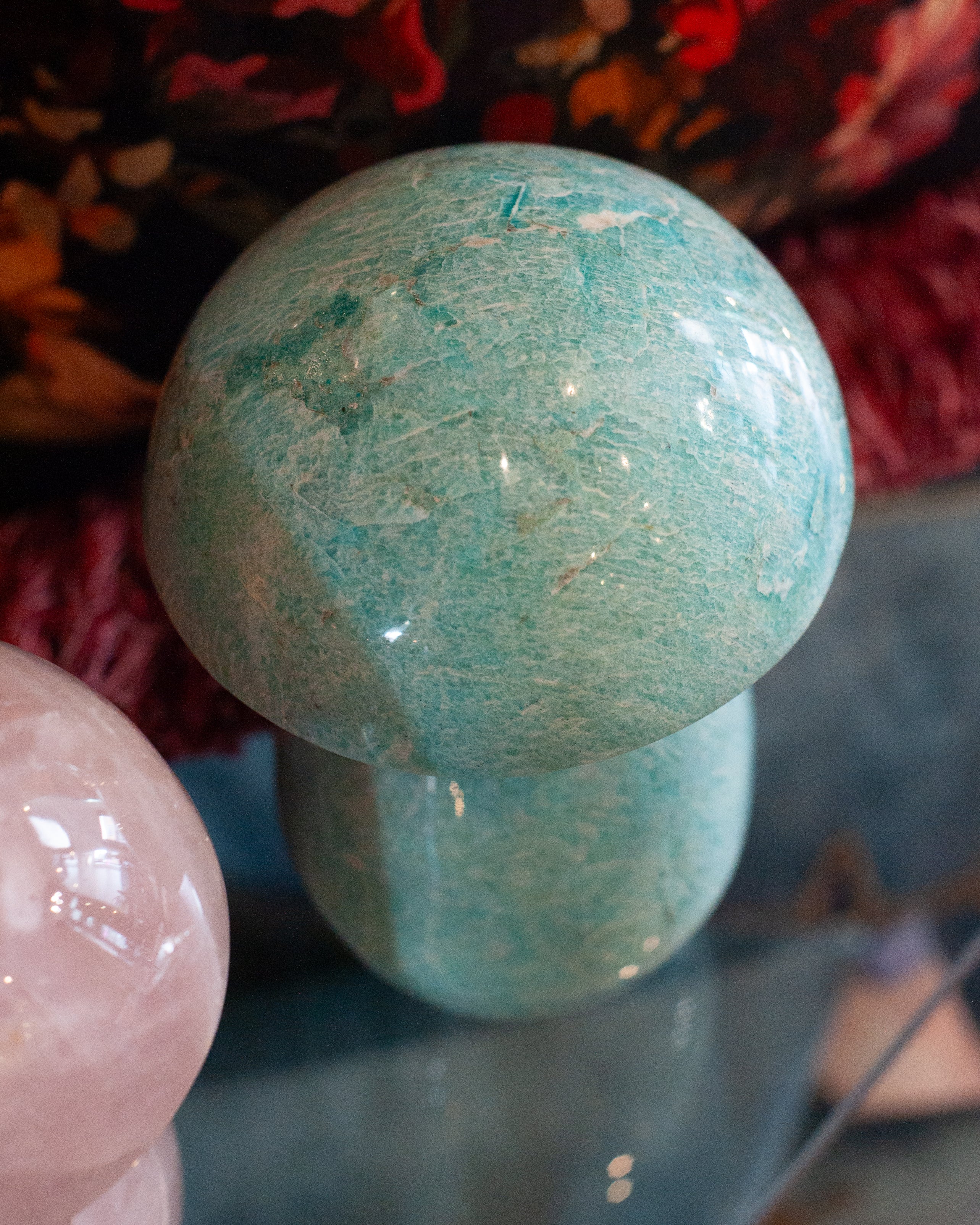 CONTEMPORARY LARGE HAND CARVED AMAZONITE MUSHROOM SCULPTURE