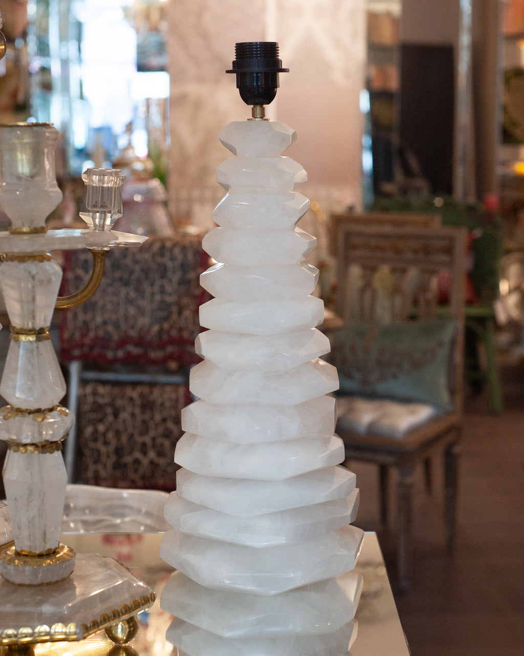 CONTEMPORARY PAIR OF WHITE STACKED ROCK CRYSTAL CLEAR QUARTZ LAMPS
