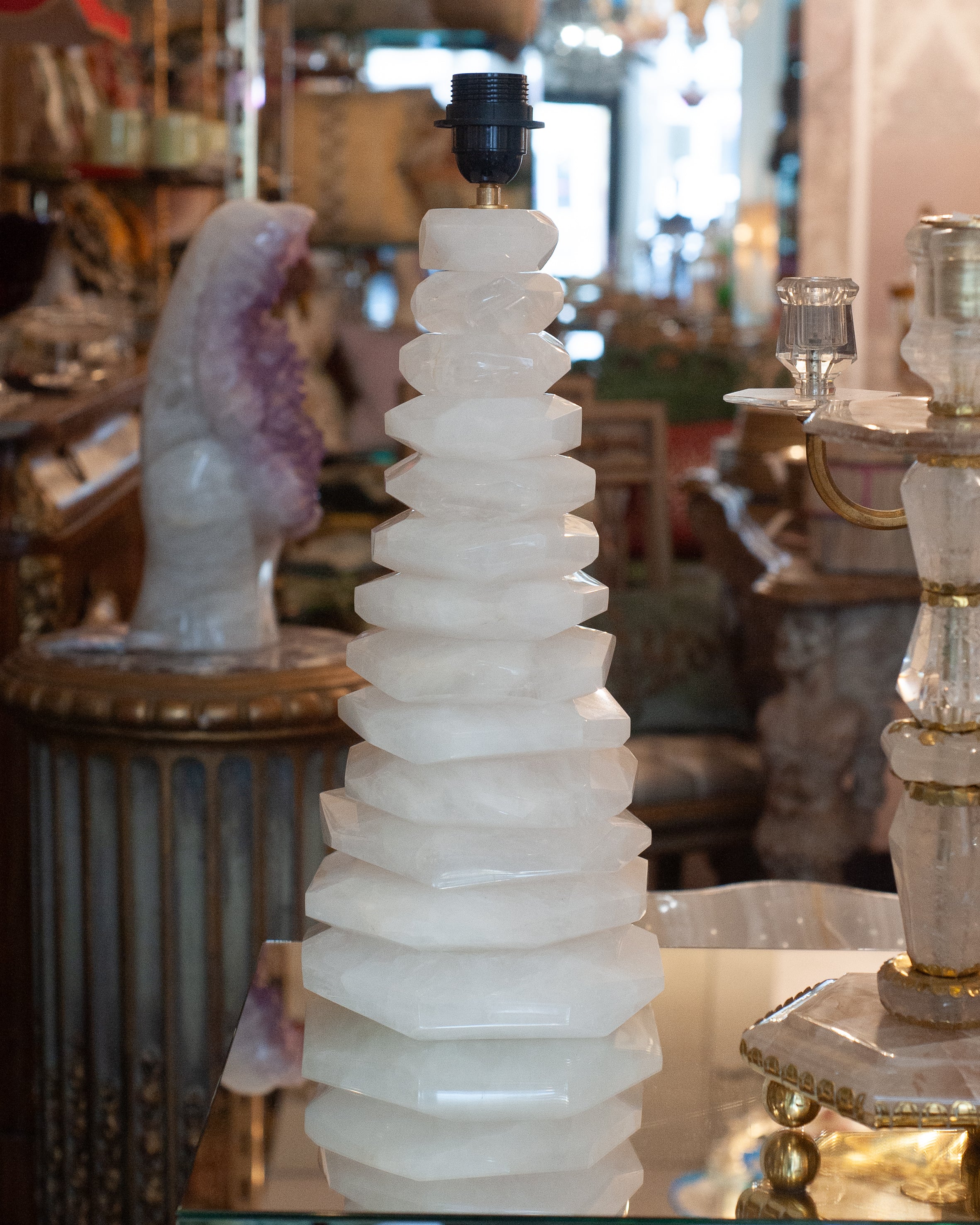 CONTEMPORARY PAIR OF WHITE STACKED ROCK CRYSTAL CLEAR QUARTZ LAMPS