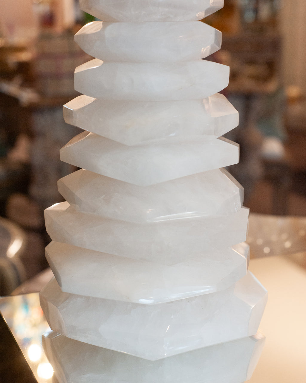 CONTEMPORARY PAIR OF WHITE STACKED ROCK CRYSTAL CLEAR QUARTZ LAMPS