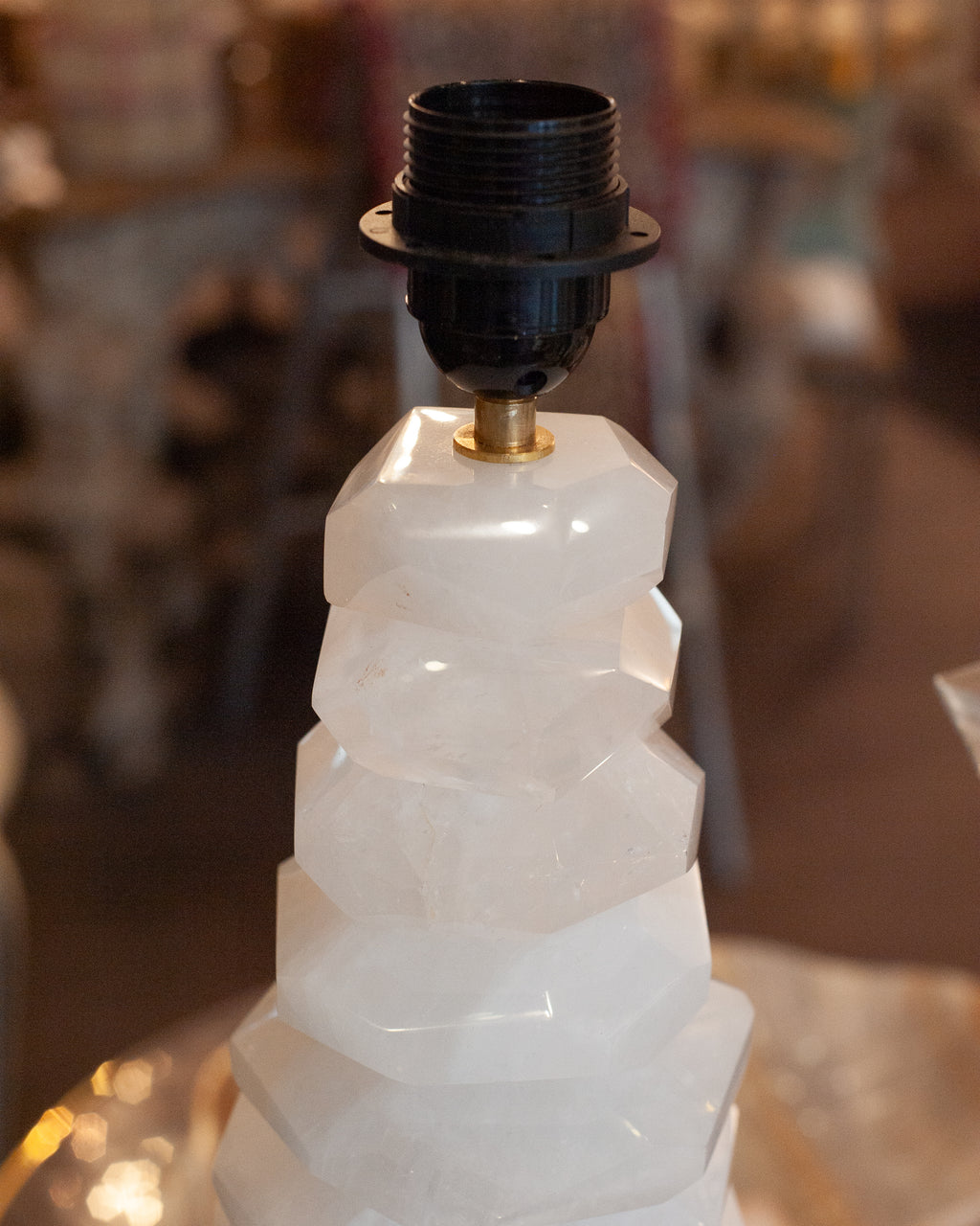 CONTEMPORARY PAIR OF WHITE STACKED ROCK CRYSTAL CLEAR QUARTZ LAMPS