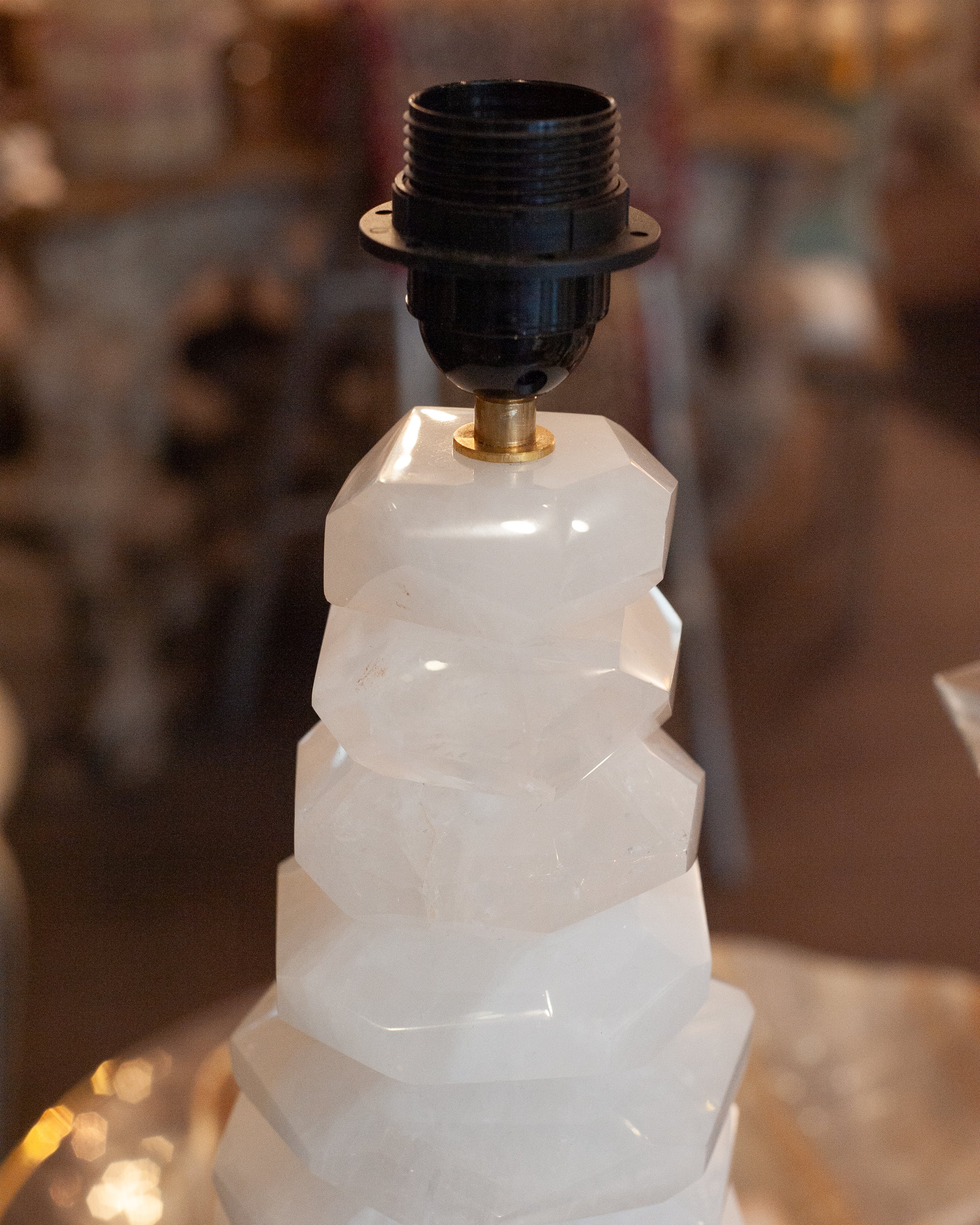 CONTEMPORARY PAIR OF WHITE STACKED ROCK CRYSTAL CLEAR QUARTZ LAMPS