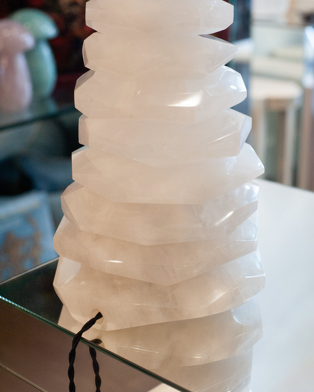 CONTEMPORARY PAIR OF WHITE STACKED ROCK CRYSTAL CLEAR QUARTZ LAMPS