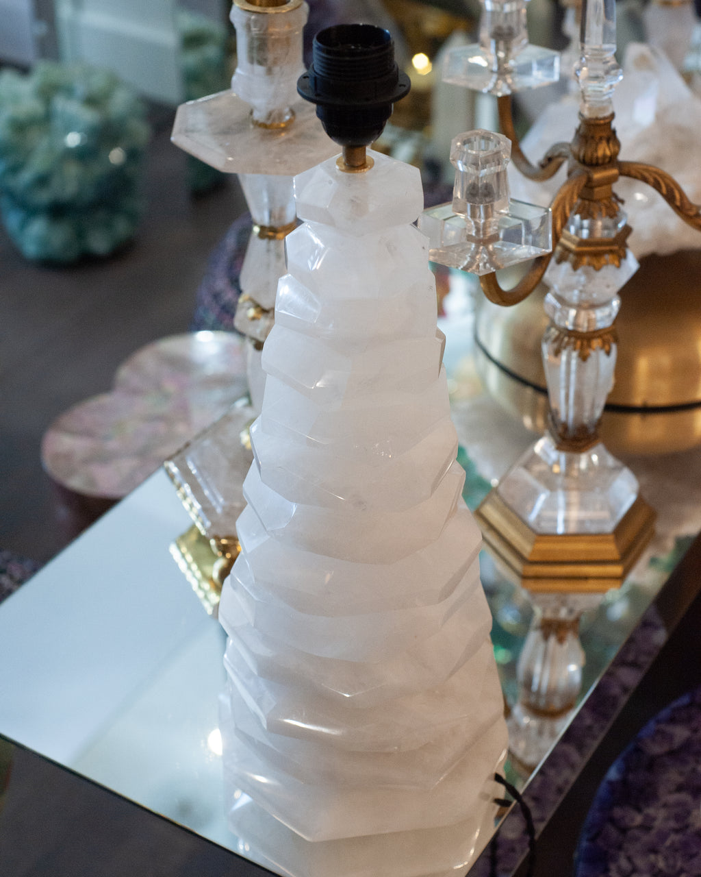 CONTEMPORARY PAIR OF WHITE STACKED ROCK CRYSTAL CLEAR QUARTZ LAMPS