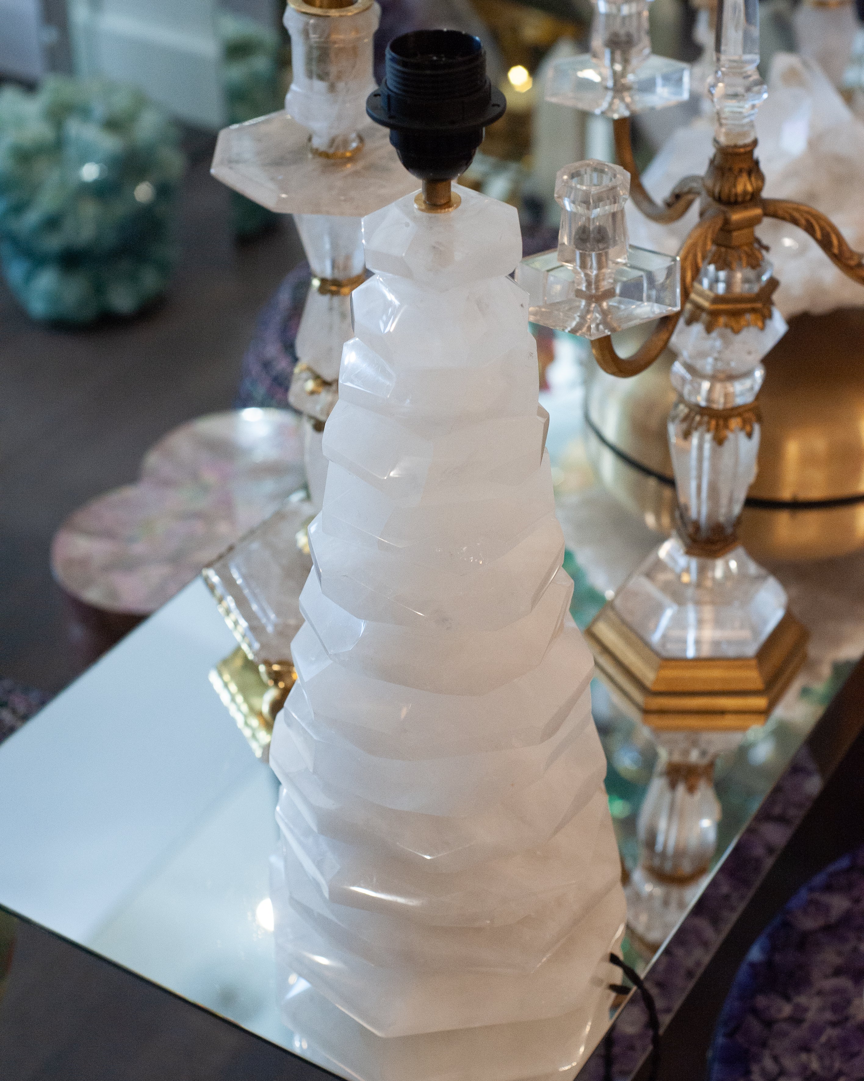 CONTEMPORARY PAIR OF WHITE STACKED ROCK CRYSTAL CLEAR QUARTZ LAMPS