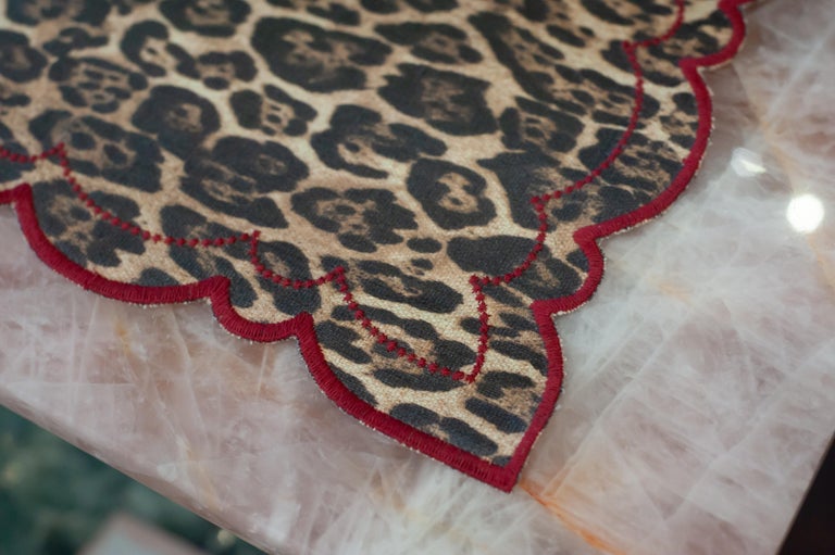 CONTEMPORARY SET OF 6 LEOPARD LINEN PLACEMATS WITH EMBROIDERED SCALLOPED EDGE
