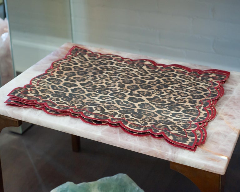 CONTEMPORARY SET OF 6 LEOPARD LINEN PLACEMATS WITH EMBROIDERED SCALLOPED EDGE
