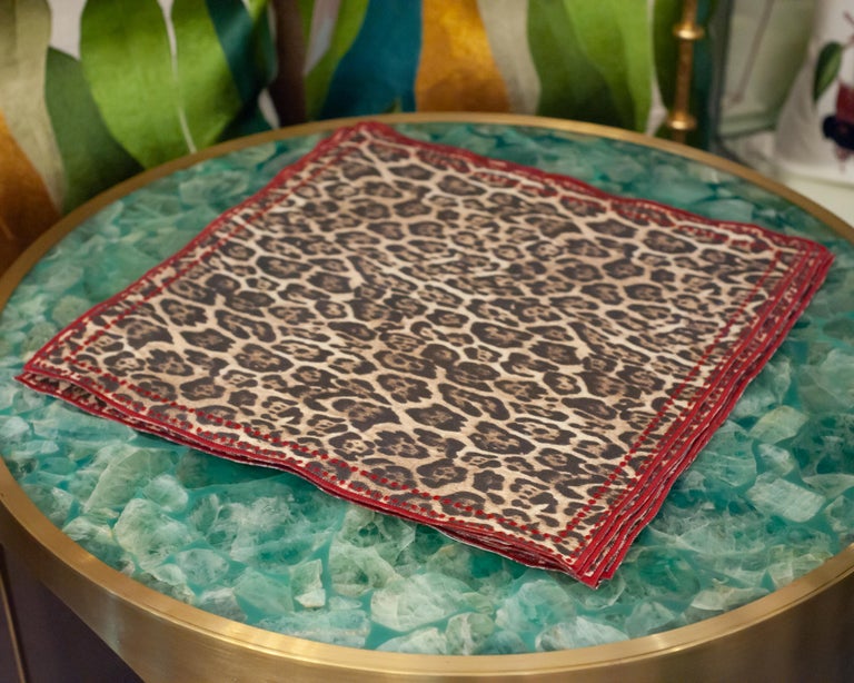 CONTEMPORARY SET OF 6 LEOPARD LINEN NAPKINS WITH EMBROIDERED EDGE