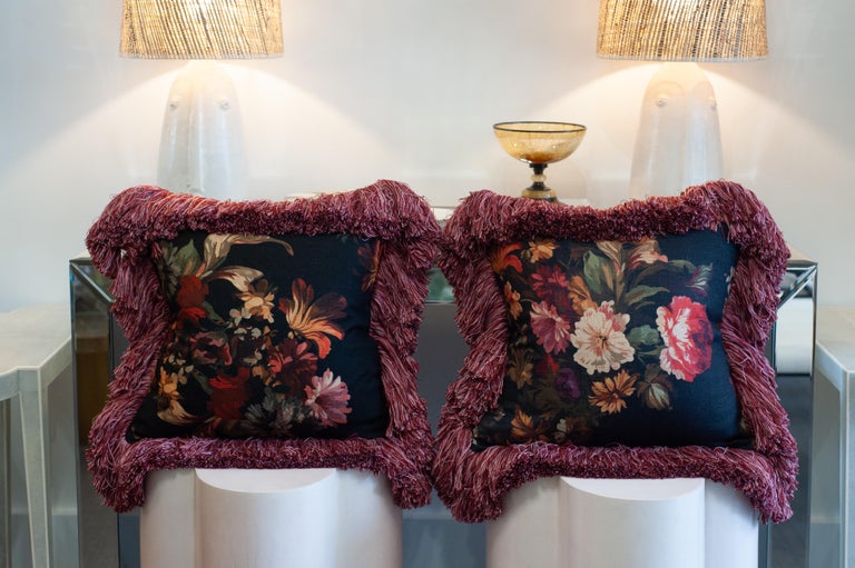 CONTEMPORARY RED & MULTICOLOUR FLORAL LINEN PILLOW WITH LONG BRUSH FRINGE