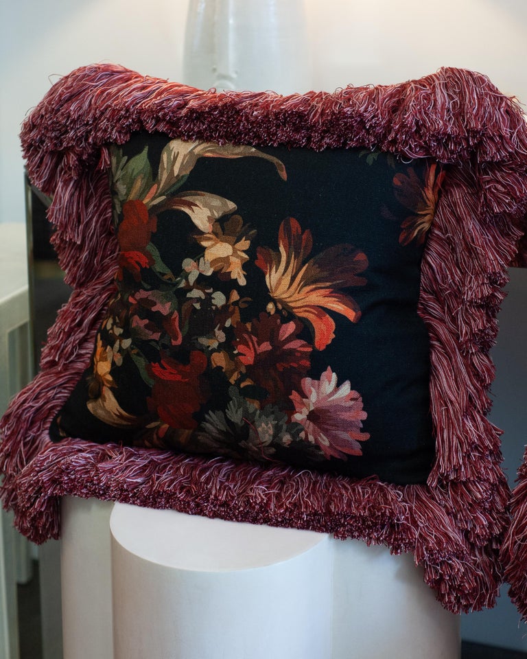 CONTEMPORARY RED & MULTICOLOUR FLORAL LINEN PILLOW WITH LONG BRUSH FRINGE