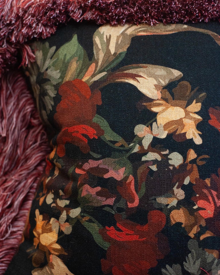 CONTEMPORARY RED & MULTICOLOUR FLORAL LINEN PILLOW WITH LONG BRUSH FRINGE
