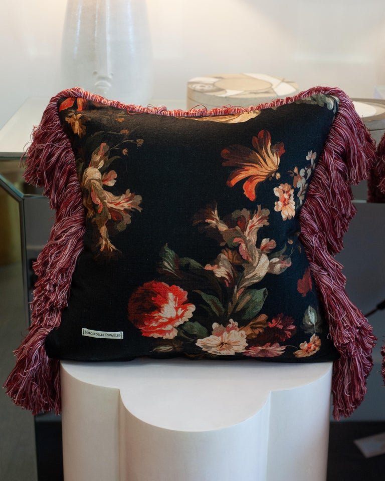 CONTEMPORARY RED & MULTICOLOUR FLORAL LINEN PILLOW WITH LONG BRUSH FRINGE