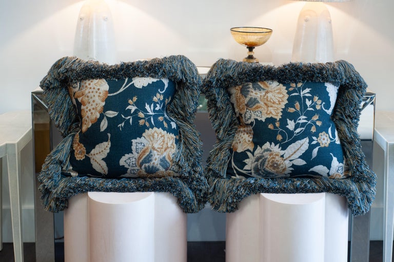 CONTEMPORARY NAVY & MULTICOLOUR FLORAL LINEN PILLOW WITH LONG BRUSH FRINGE