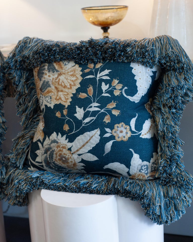 CONTEMPORARY NAVY & MULTICOLOUR FLORAL LINEN PILLOW WITH LONG BRUSH FRINGE
