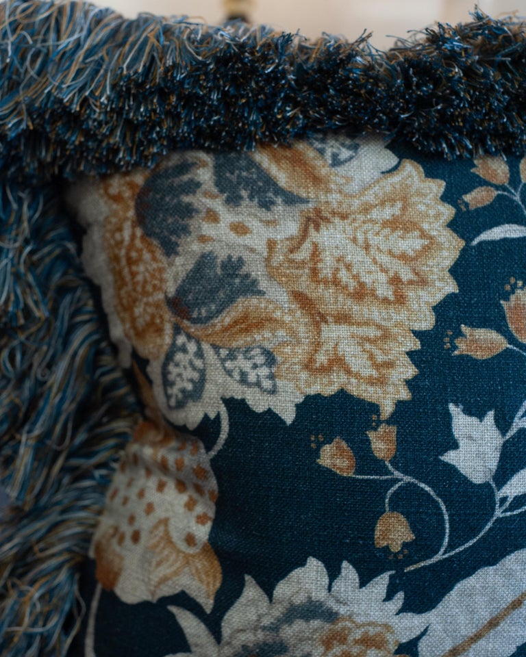 CONTEMPORARY NAVY & MULTICOLOUR FLORAL LINEN PILLOW WITH LONG BRUSH FRINGE