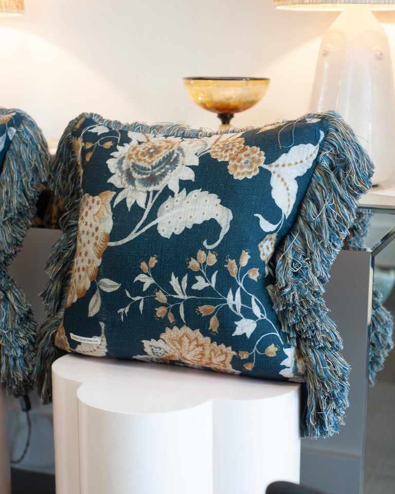 CONTEMPORARY NAVY & MULTICOLOUR FLORAL LINEN PILLOW WITH LONG BRUSH FRINGE