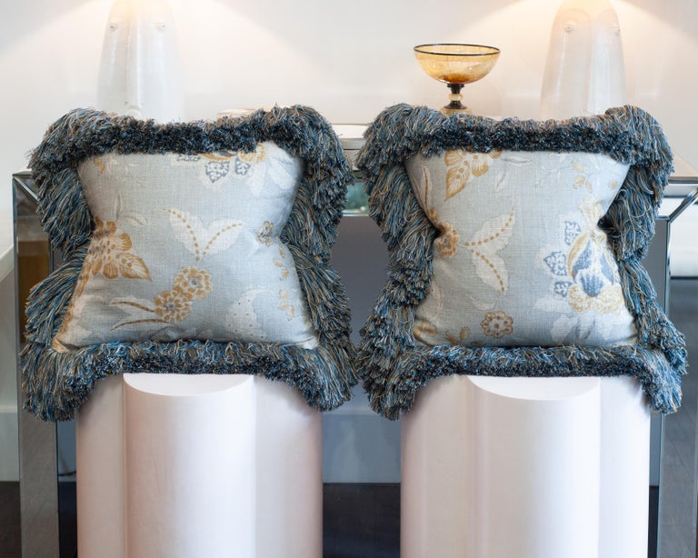 CONTEMPORARY SOFT BLUE & MULTICOLOUR FLORAL LINEN PILLOW WITH LONG BRUSH FRINGE