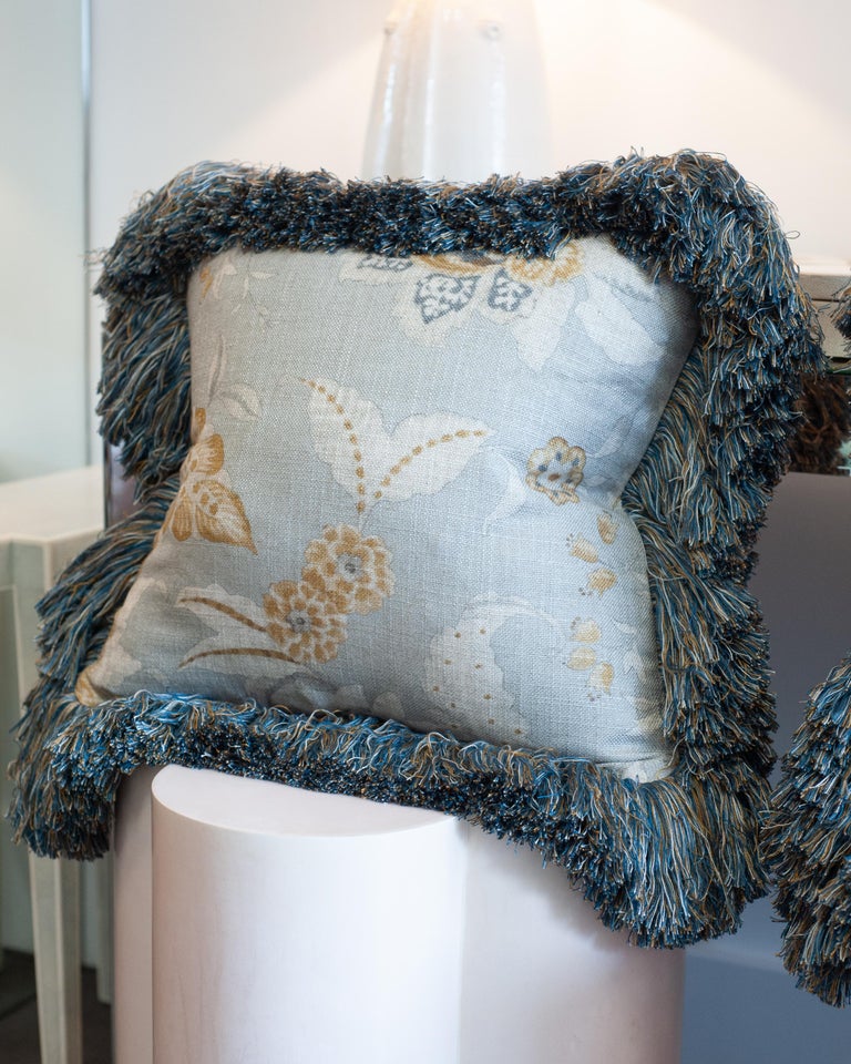 CONTEMPORARY SOFT BLUE & MULTICOLOUR FLORAL LINEN PILLOW WITH LONG BRUSH FRINGE