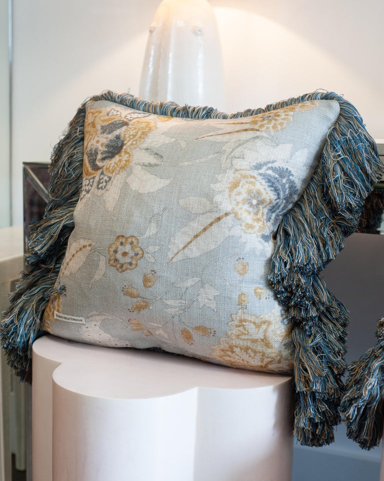 CONTEMPORARY SOFT BLUE & MULTICOLOUR FLORAL LINEN PILLOW WITH LONG BRUSH FRINGE