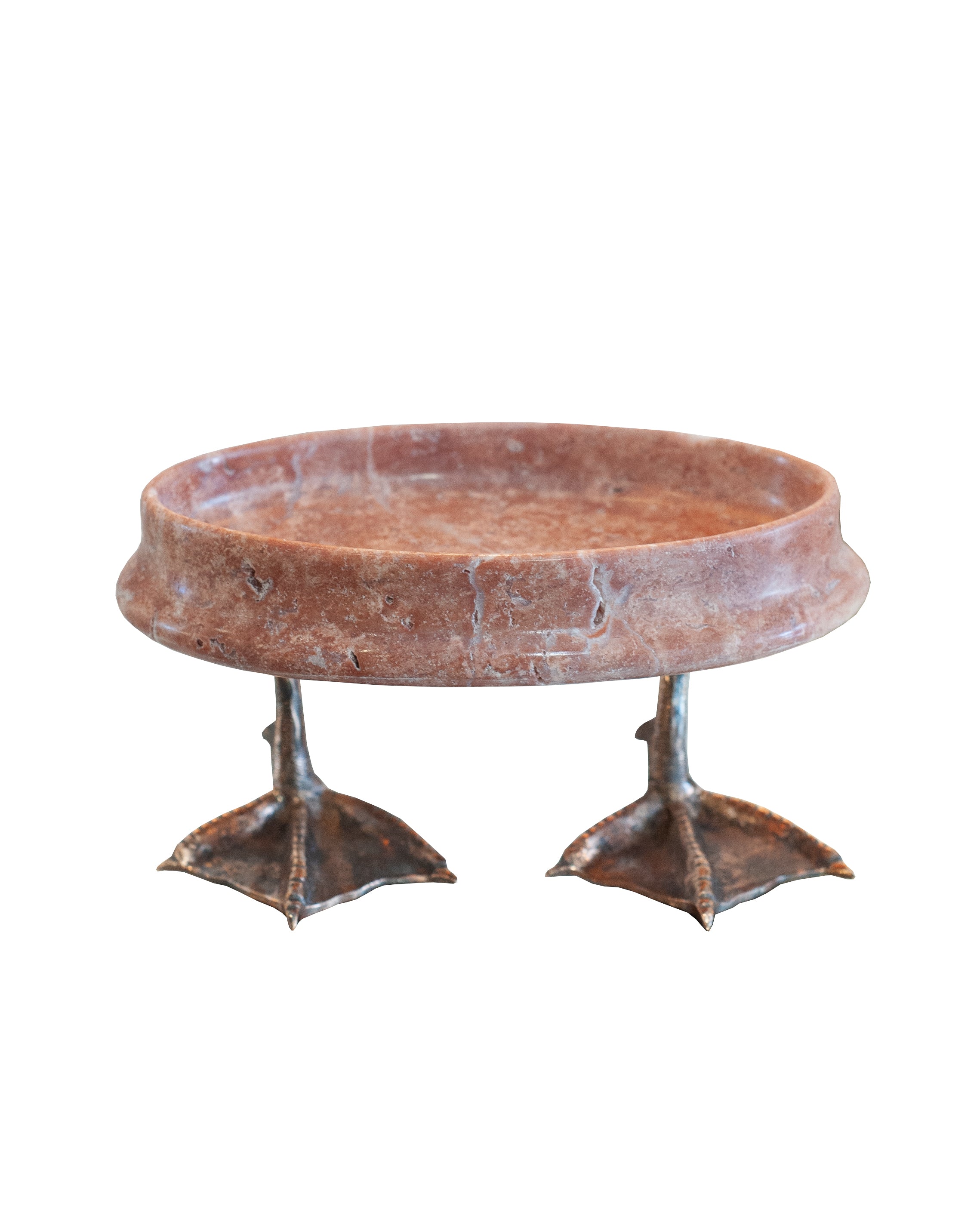 CONTEMPORARY PINK TRAVERTINE DISH WITH CAST BRONZE DUCK FEET