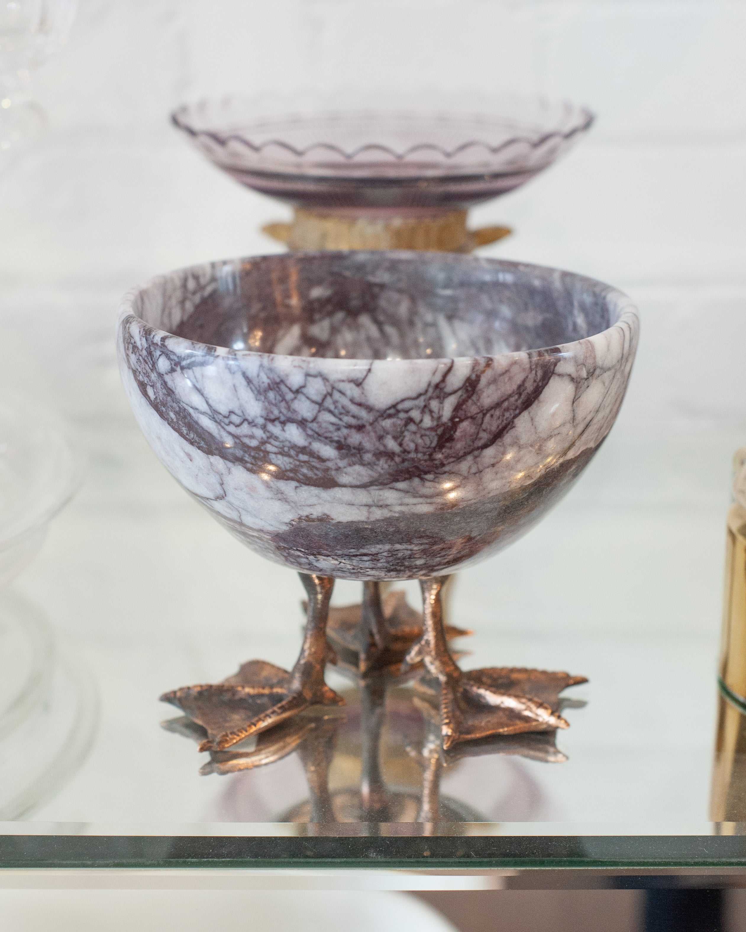 CONTEMPORARY PURPLE MARBLE BOWL WITH CAST BRONZE DUCK FEET