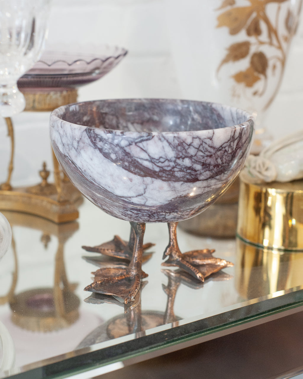 CONTEMPORARY PURPLE MARBLE BOWL WITH CAST BRONZE DUCK FEET