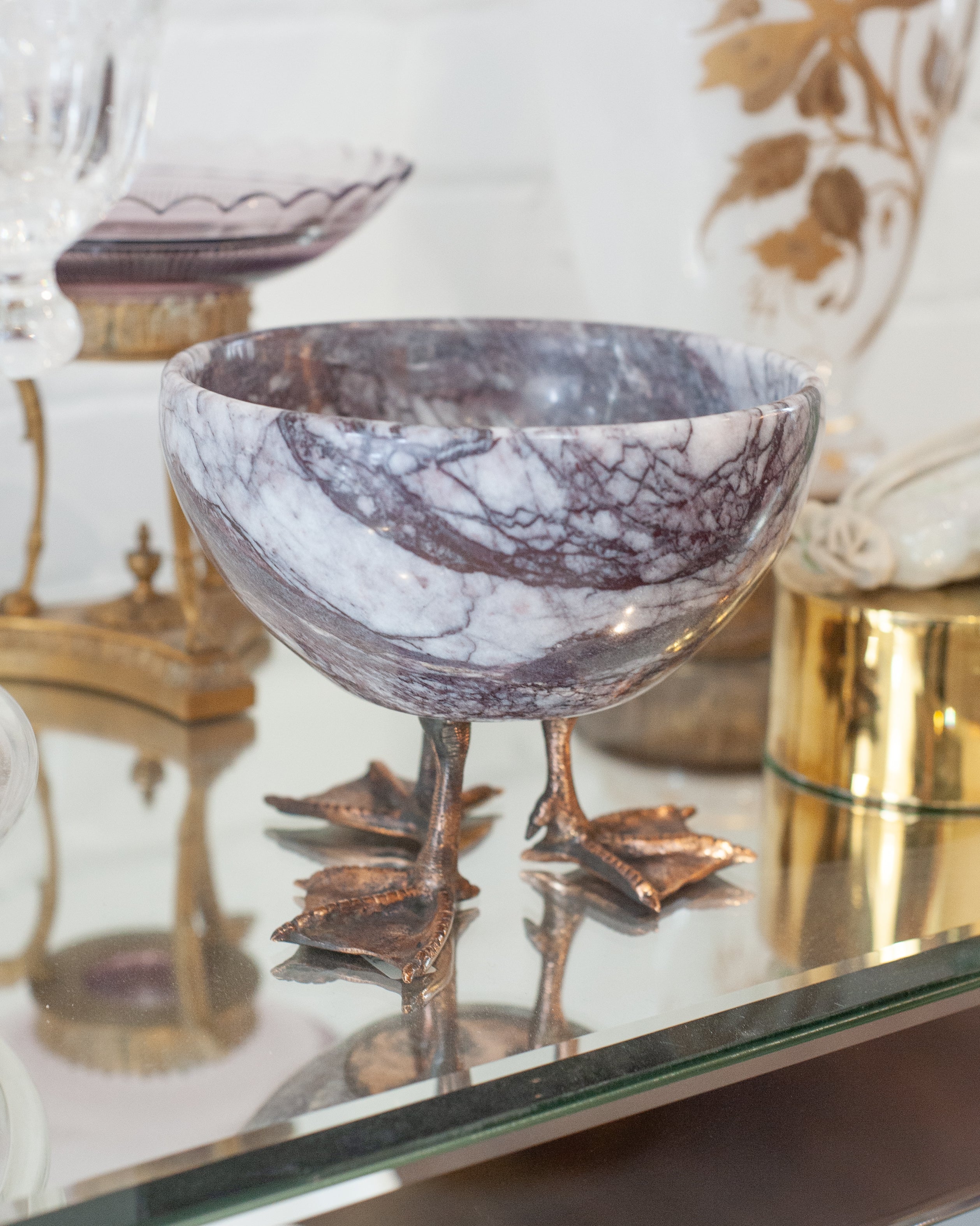 CONTEMPORARY PURPLE MARBLE BOWL WITH CAST BRONZE DUCK FEET