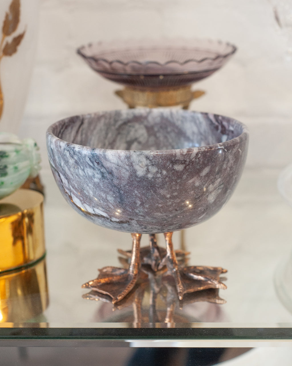 CONTEMPORARY PURPLE MARBLE BOWL WITH CAST BRONZE DUCK FEET