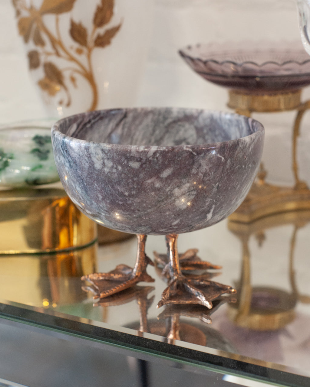 CONTEMPORARY PURPLE MARBLE BOWL WITH CAST BRONZE DUCK FEET
