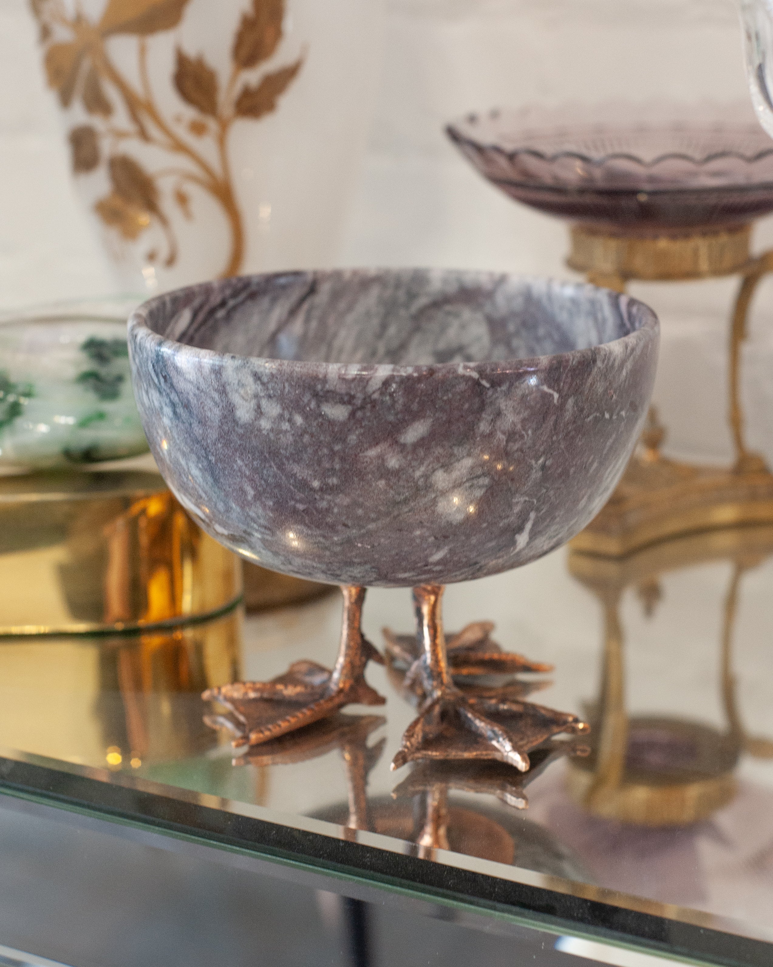 CONTEMPORARY PURPLE MARBLE BOWL WITH CAST BRONZE DUCK FEET