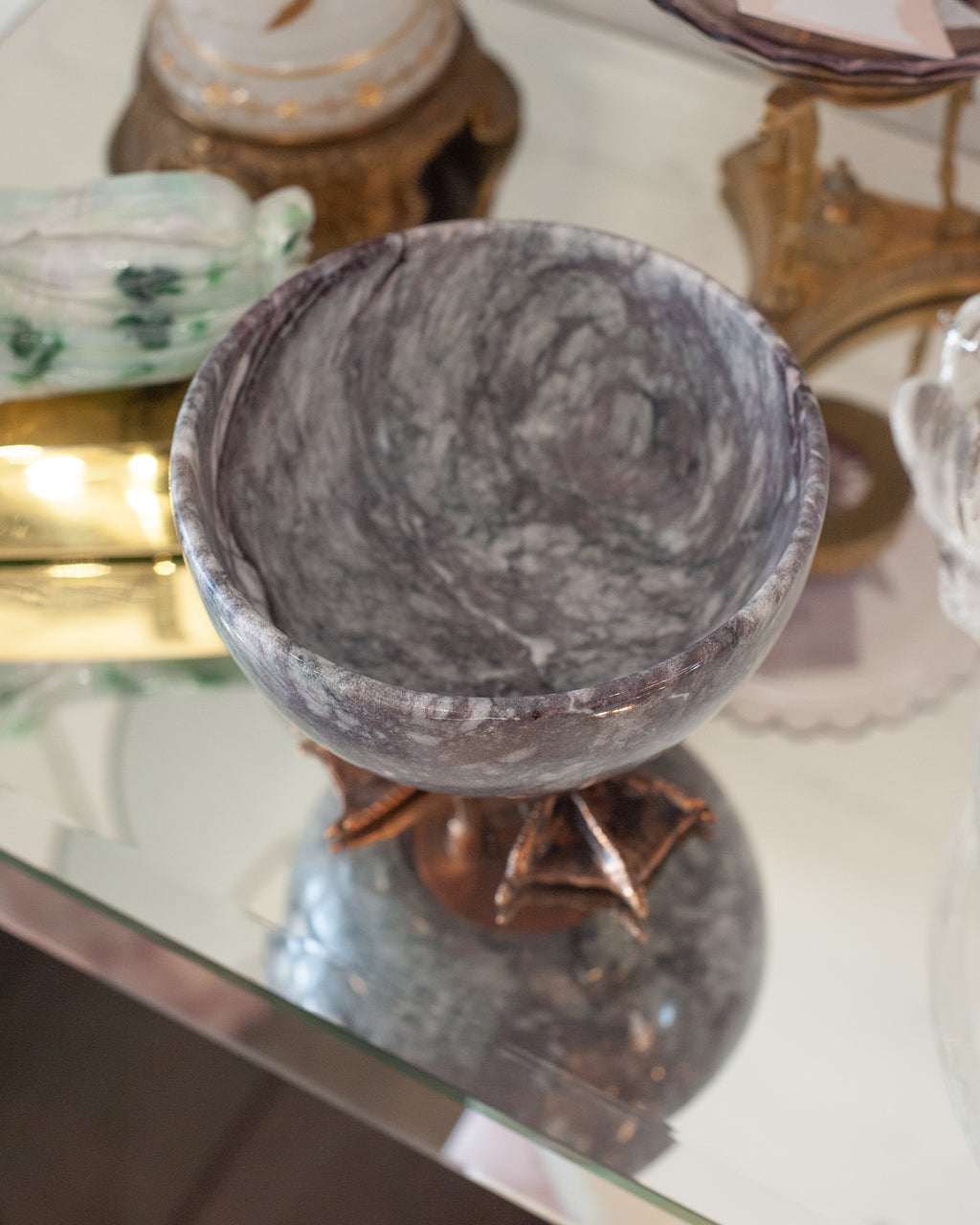 CONTEMPORARY PURPLE MARBLE BOWL WITH CAST BRONZE DUCK FEET