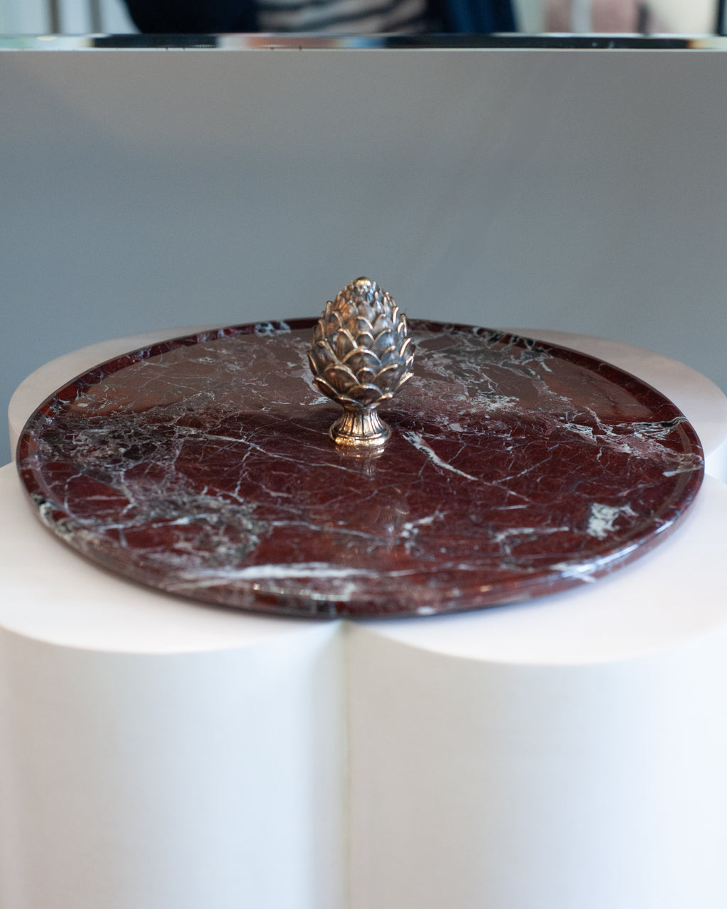 CONTEMPORARY ROSSO LEVANTO MARBLE TRAY WITH CAST BRONZE PINECONE HANDLE